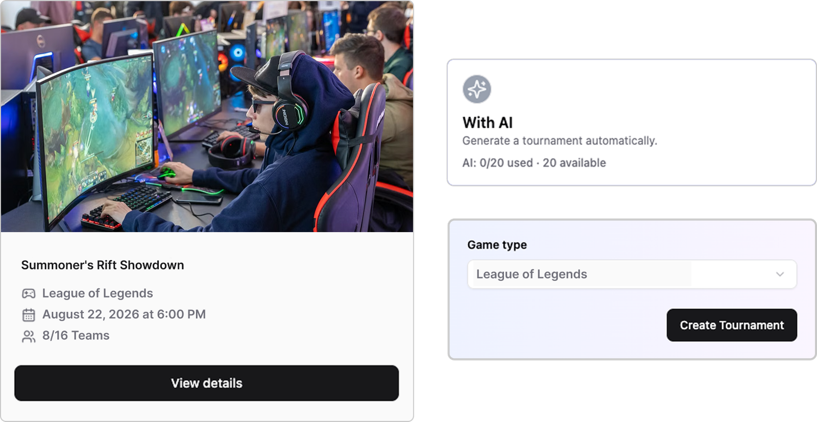 Cetus Gaming tournament creation dashboard